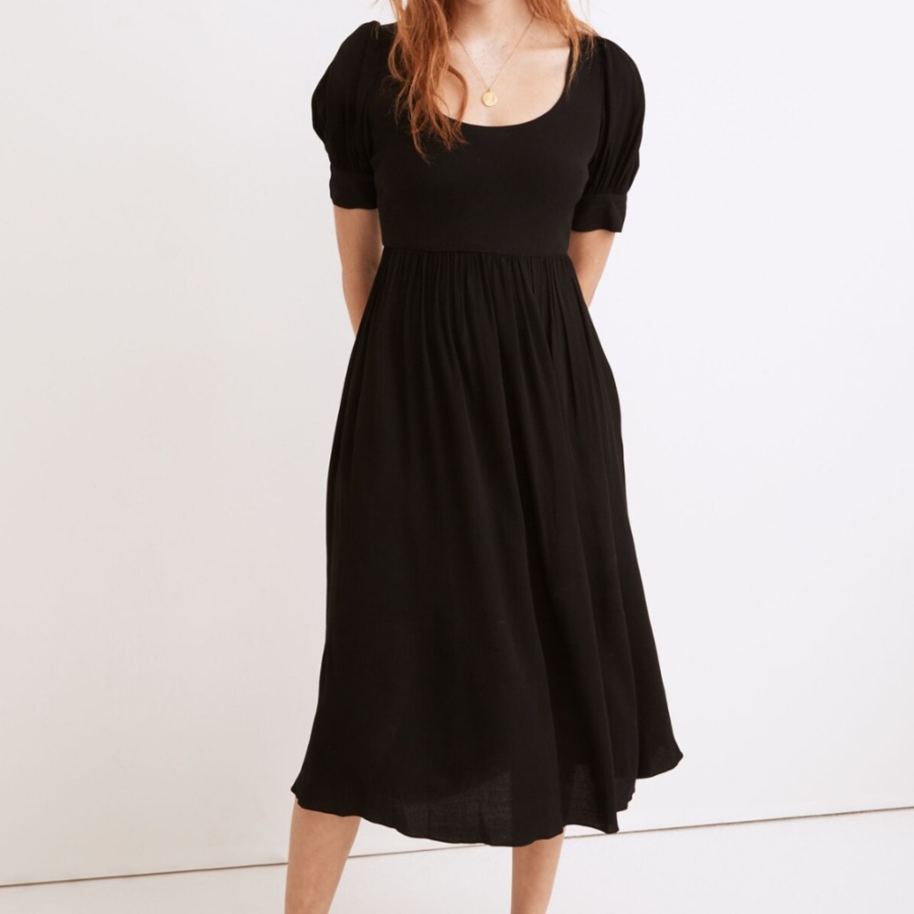 Madewell Black Midi Puff-Sleeve Dress